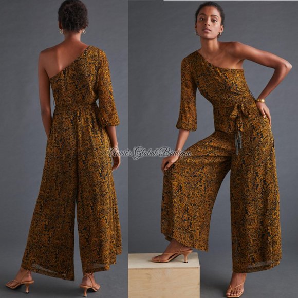 RARE NWT ANTHROPOLOGIE Ollari Paisley Tasseled One-Shoulder Jumpsuit. Size L - Picture 12 of 16
